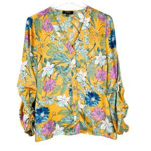 RD & Koko Floral Shirred Long Sleeve V-Neck Top Size Large L EUC L2730